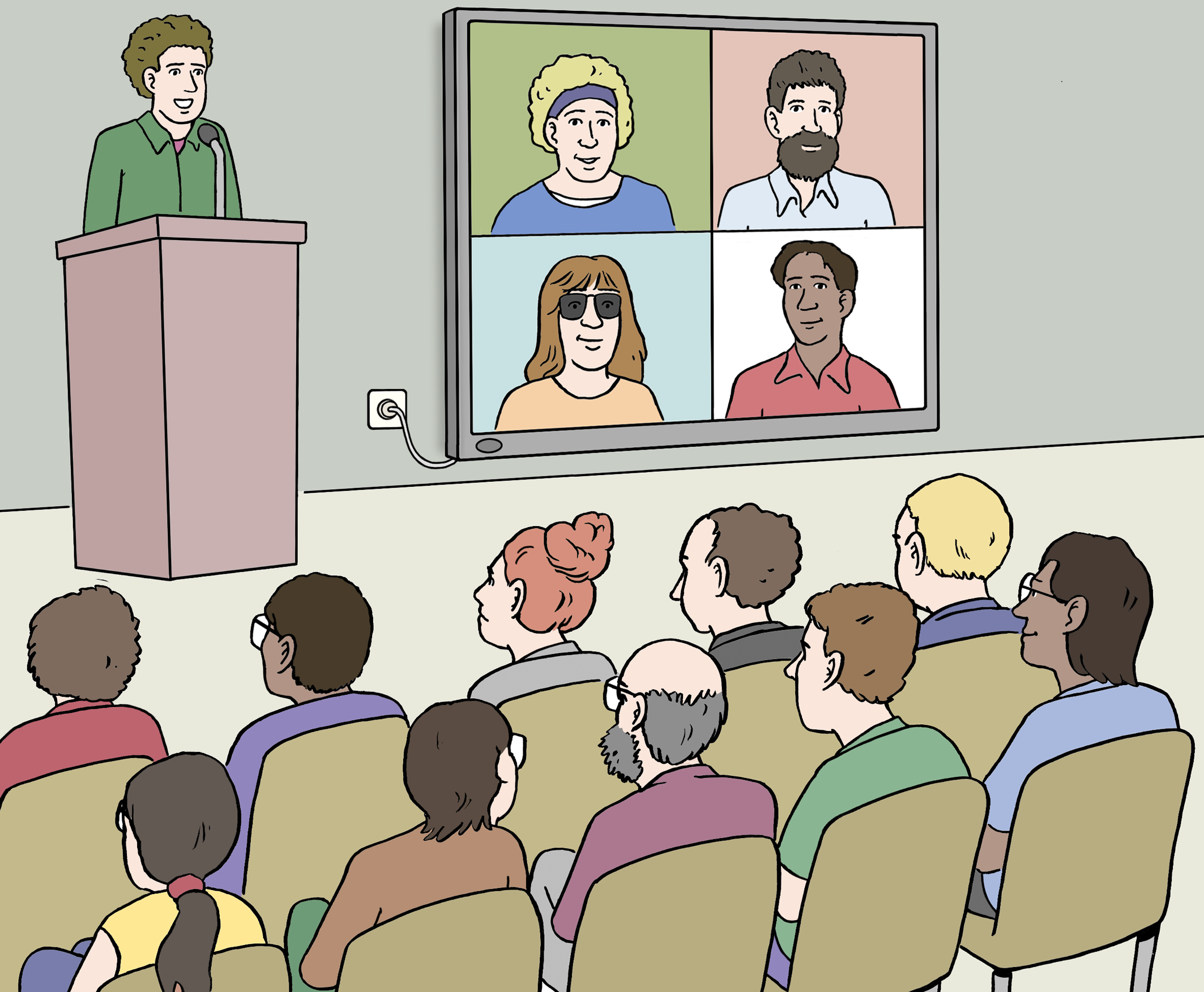Illustration: Vortragende am Rednerpult präsentiert vor sitzendem Publikum, vier Personen sind per Videokonferenz auf einem Bildschirm zugeschaltet