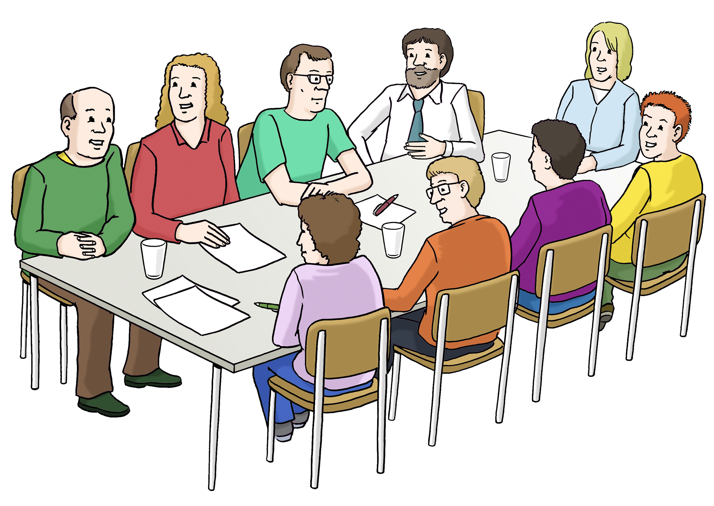 Illustration: Vortragende am Rednerpult präsentiert vor sitzendem Publikum, vier Personen sind per Videokonferenz auf einem Bildschirm zugeschaltet