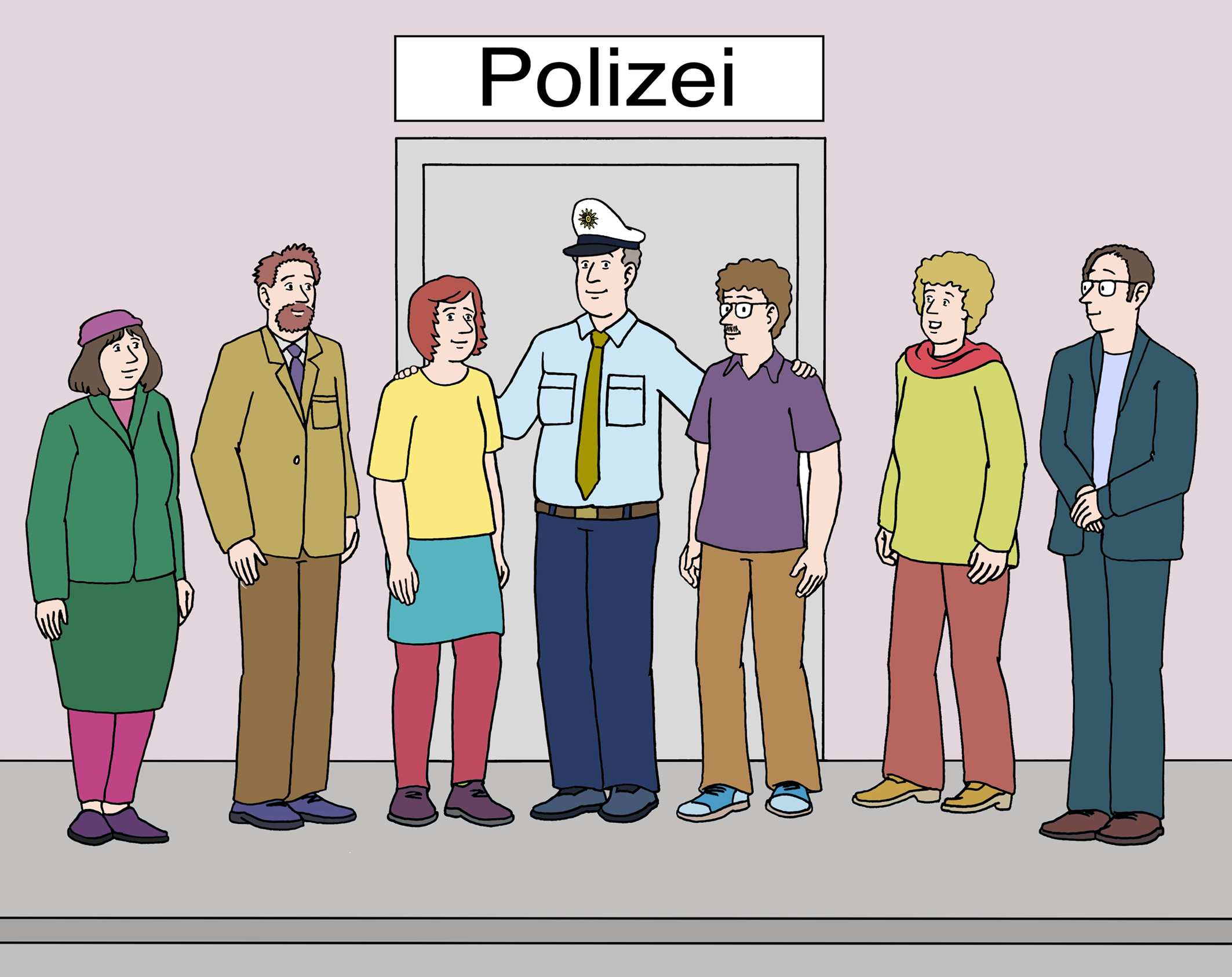 Illustration: Jeweils drei Personen stehen links und rechts neben einem freundlichen Polizisten vor einer Polizeistation