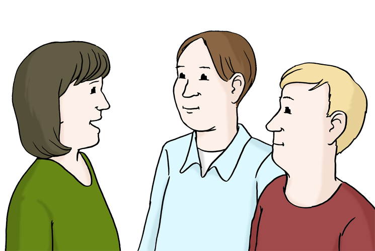 Illustration: Eine Person spricht, zwei andere hören aufmerksam zu