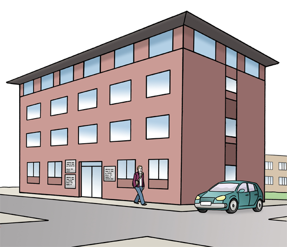 Illustration: Bürogebäude mit Parkplatz und Gehweg